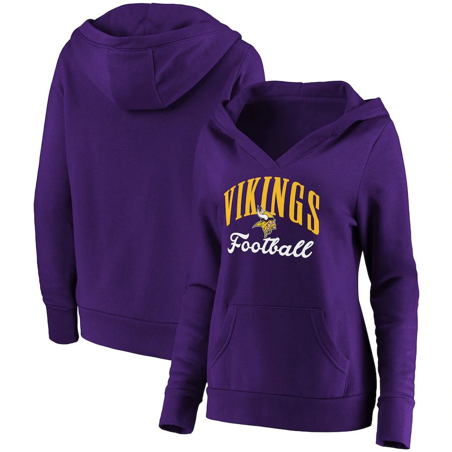 Women Minnesota Vikings NFL Pro Line by Fanatics Branded Purple Team Victory Script Crossover V-Neck Pullover Hoodie->women nfl jersey->Women Jersey